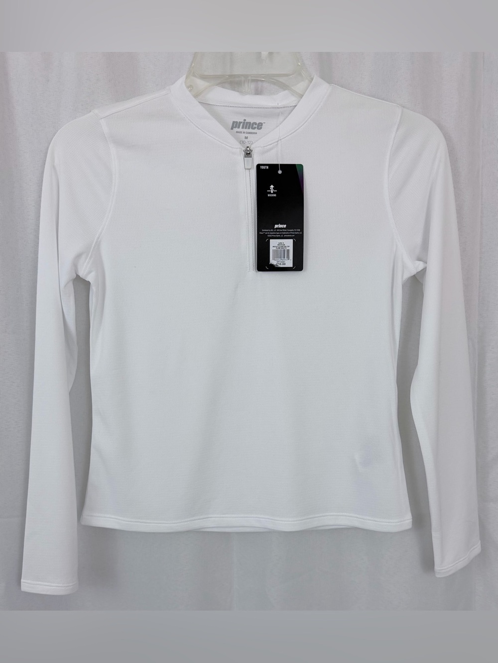 Prince Girls White Mesh Moisture Wicking Long-Sleeve Quarter Zip Athletic Top(M)